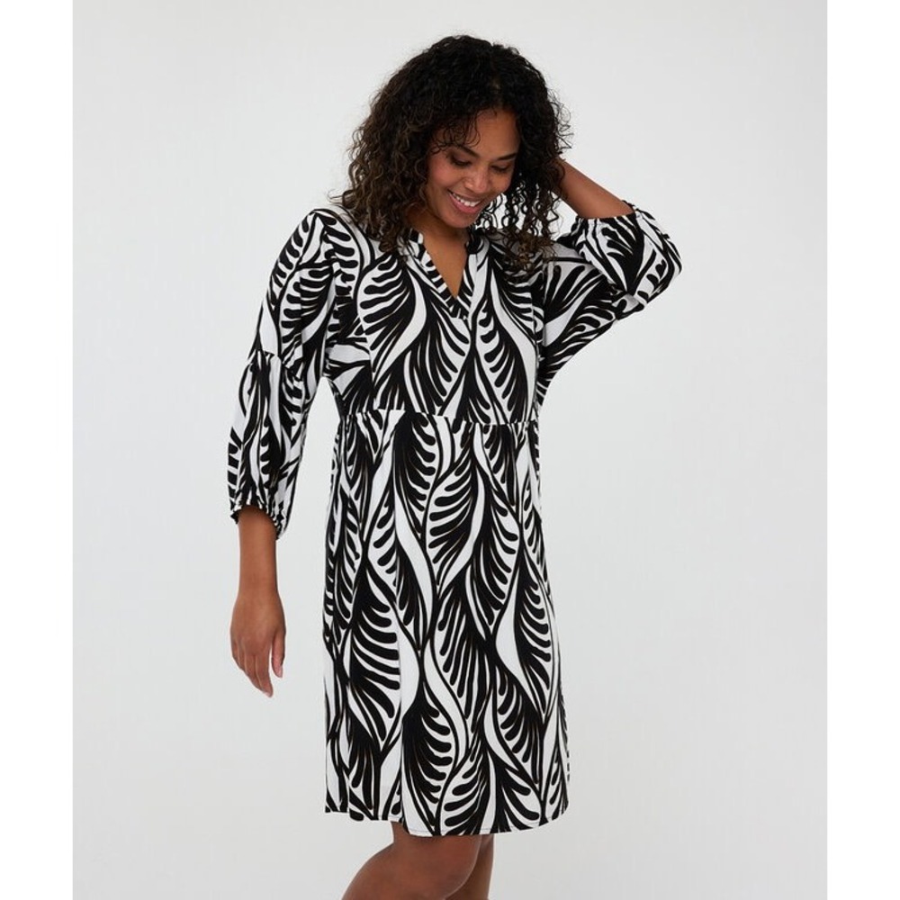 Esqualo Black White Tropical Leaf V-Neck Shift Midi Dress Size 12